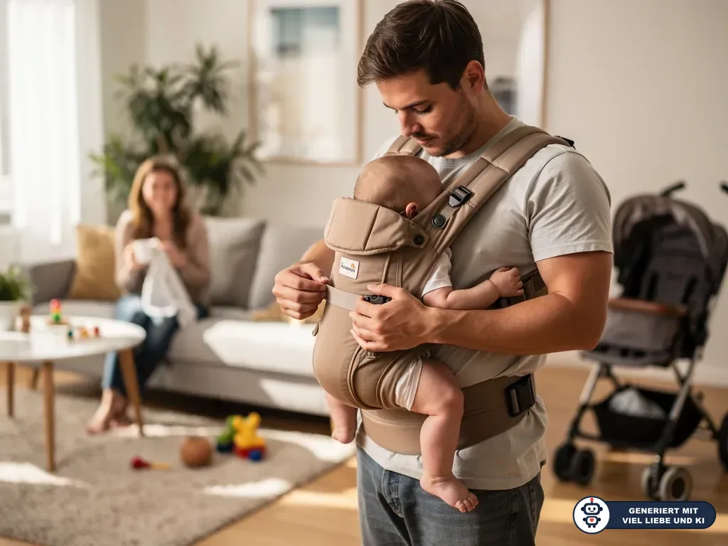 Vater stellt im Wohnzimmer eine beige Sandiia Babytrage mit Baby vor der Brust ein. (mit KI erstellt)