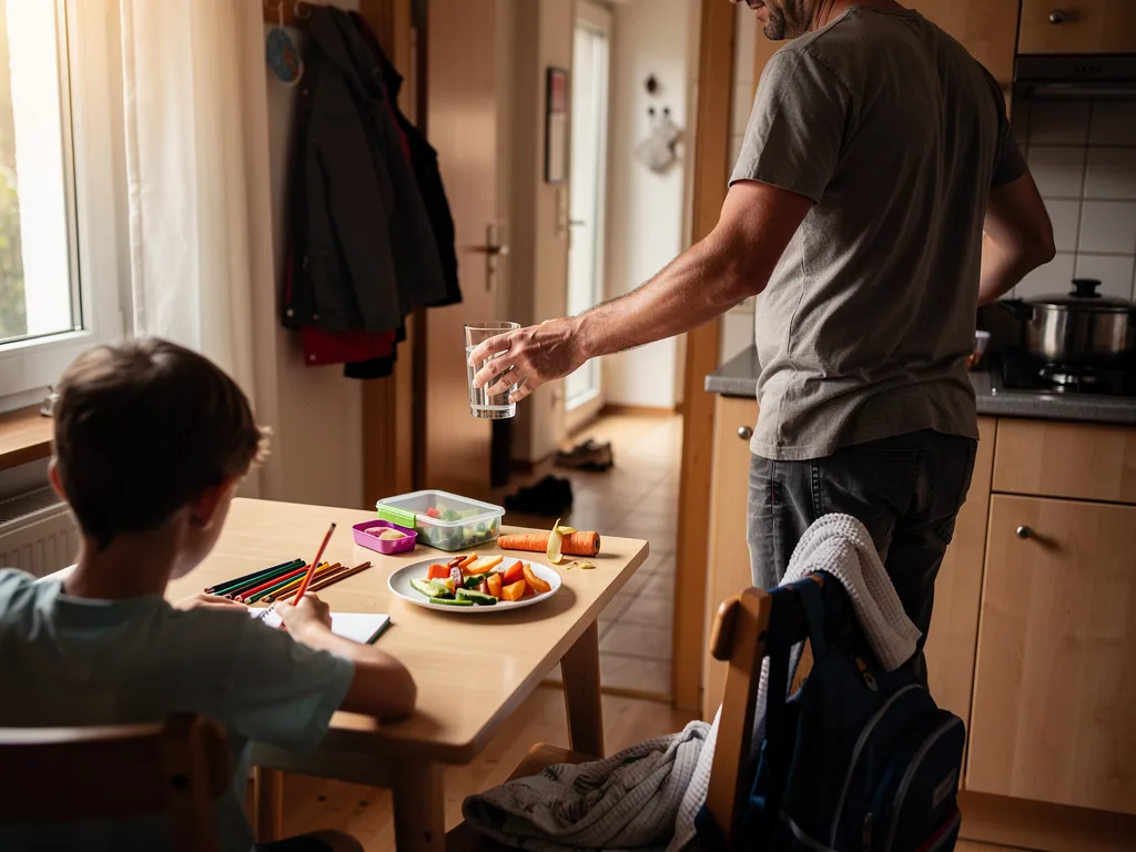 Vater stellt Wasser auf den Tisch, während sein Kind malt; daneben stehen Gemüsesticks und ein Schulranzen.