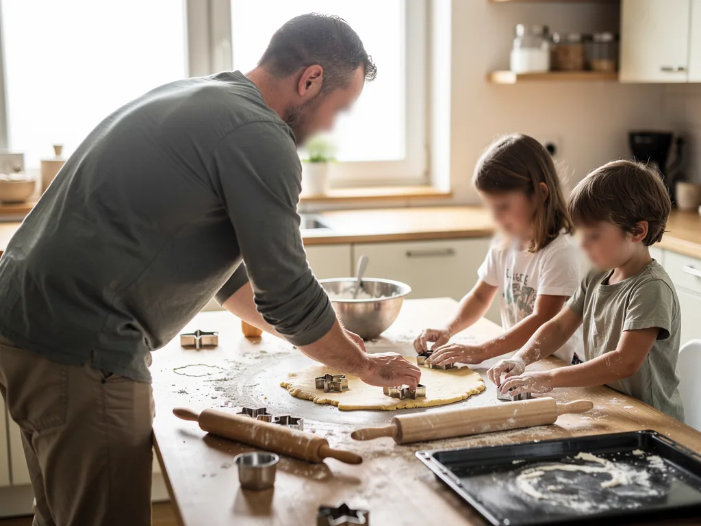 Vater sticht mit zwei Kindern Plätzchen aus Teig auf einem bemehlten Küchentisch aus.