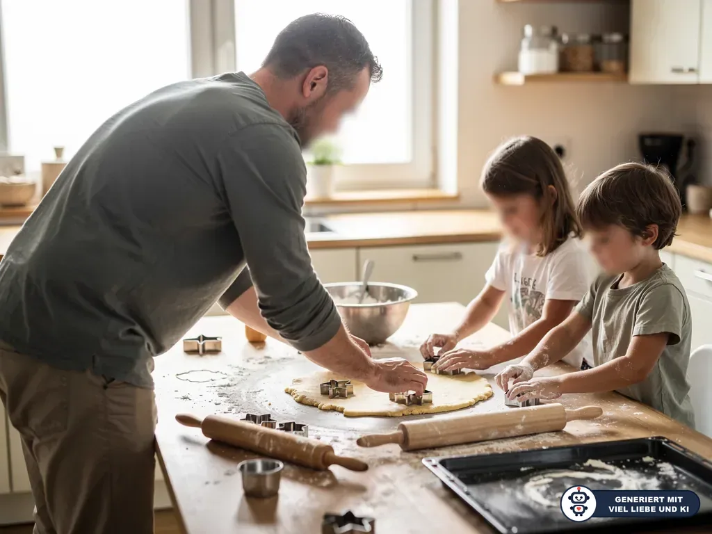 Vater sticht mit zwei Kindern Plätzchen aus Teig auf einem bemehlten Küchentisch aus. (mit KI erstellt)