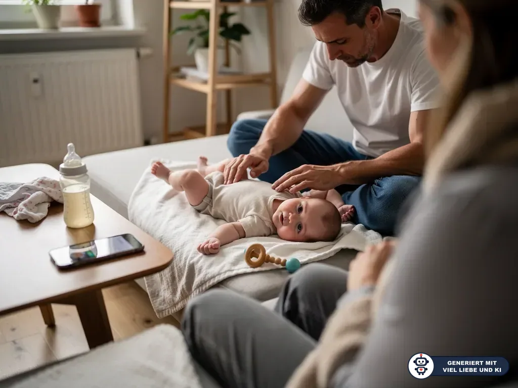 Vater streichelt Baby auf einer Decke, Mutter sitzt daneben; Fläschchen und Spielzeug liegen im Wohnzimmer. (mit KI erstellt)