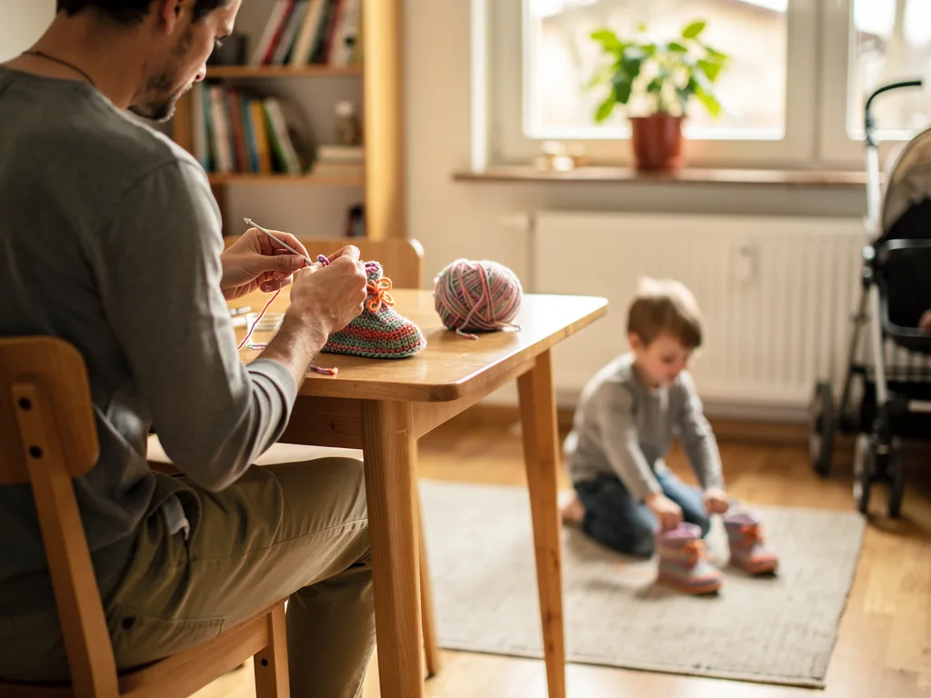 Vater strickt am Tisch einen Kinderschuh, während ein Kind auf dem Teppich bunte Schuhe anprobiert.