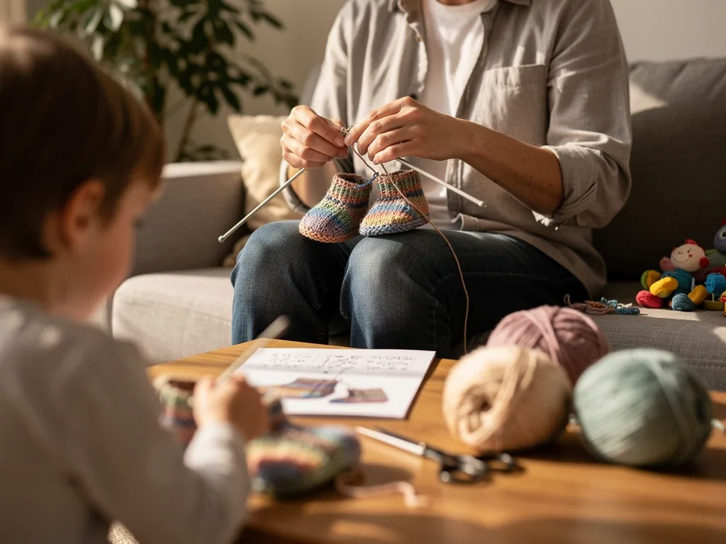 Vater strickt bunte Kinderschuhe auf dem Sofa, während ein Kind am Tisch mit Wolle und Anleitung malt.