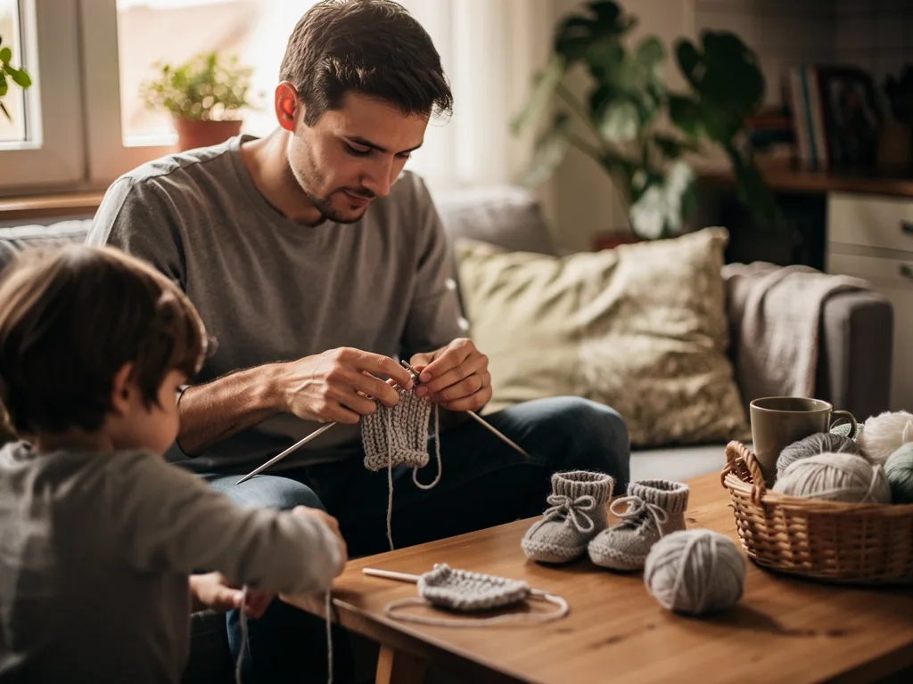 Vater strickt graue Kinderschuhe auf dem Sofa, ein Kind sitzt daneben; Wolle und fertige Schühchen liegen auf dem Tisch.
