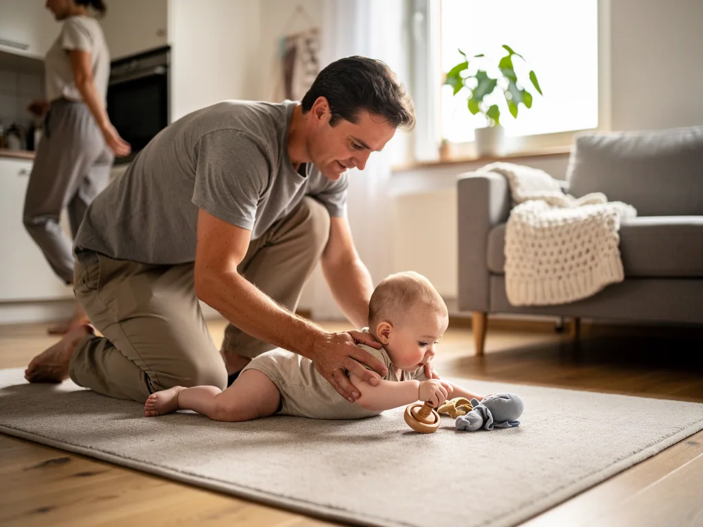 Vater stützt Baby in Bauchlage auf dem Teppich, vor ihm liegen Greifspielzeug und Stofftier im Wohnzimmer.