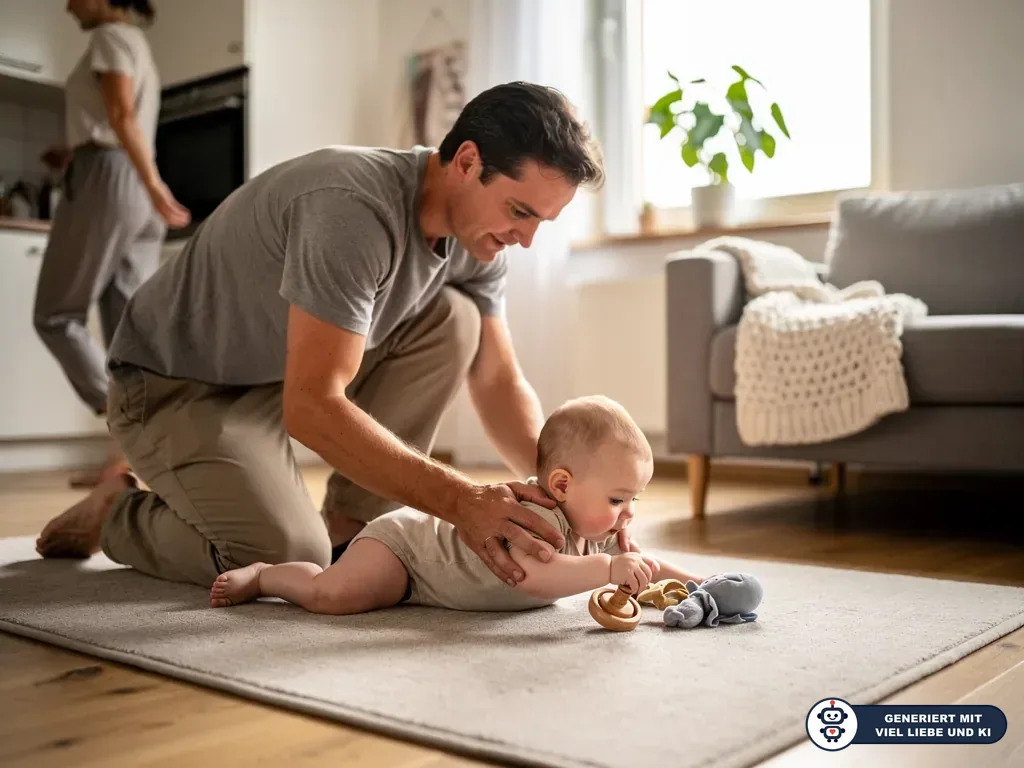 Vater stützt Baby in Bauchlage auf dem Teppich, vor ihm liegen Greifspielzeug und Stofftier im Wohnzimmer. (mit KI erstellt)