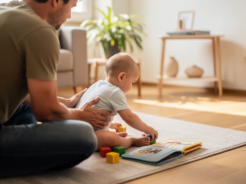 Vater stützt ein sitzendes Baby auf dem Teppich, das mit bunten Würfeln und einem Stoffbuch spielt.