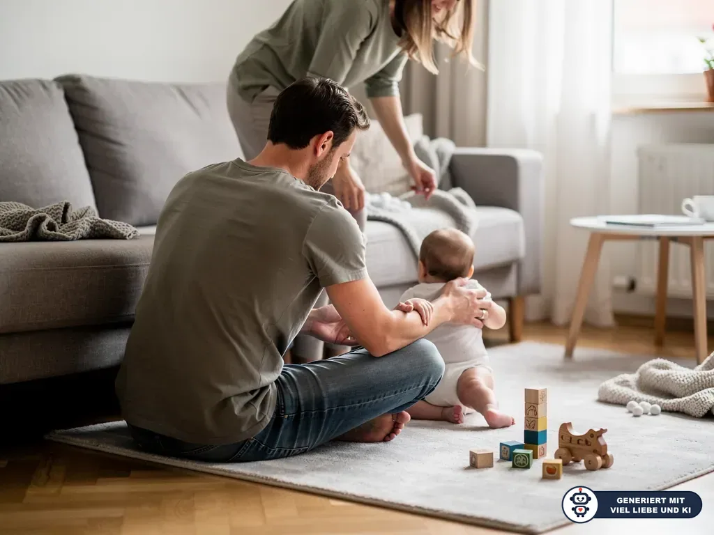 Vater stützt ein sitzendes Baby auf dem Teppich, Mutter steht daneben; Bauklötze und Holzspielzeug liegen bereit. (mit KI erstellt)