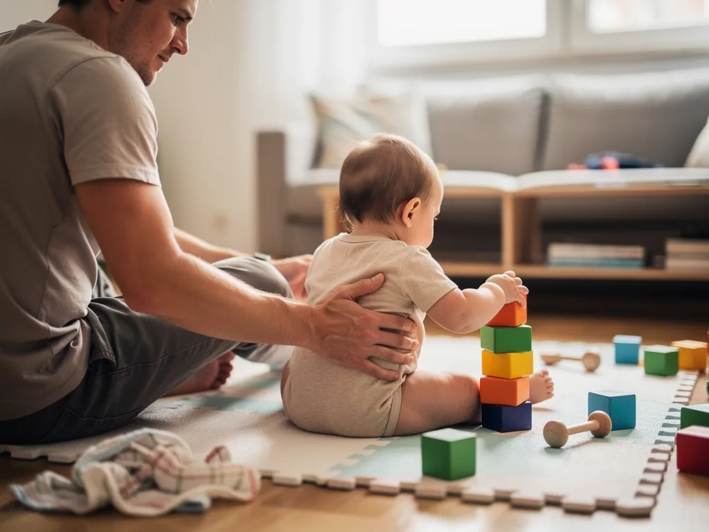 Vater stützt ein sitzendes Baby beim Stapeln bunter Bauklötze auf einer Spielmatte im Wohnzimmer.