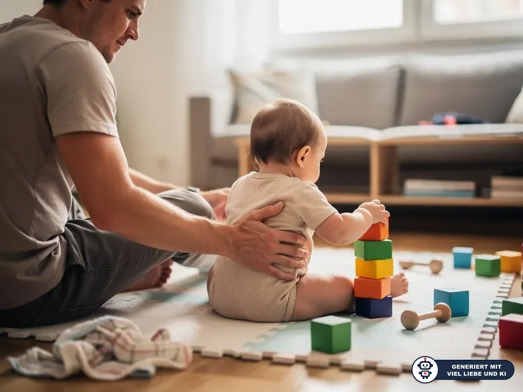 Vater stützt ein sitzendes Baby beim Stapeln bunter Bauklötze auf einer Spielmatte im Wohnzimmer. (mit KI erstellt)