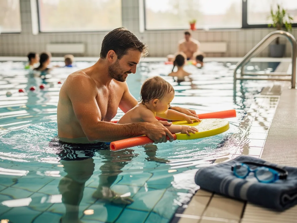 Vater stützt Kleinkind im Hallenbad auf Schwimmbrett und Poolnudel nahe dem Beckenrand.