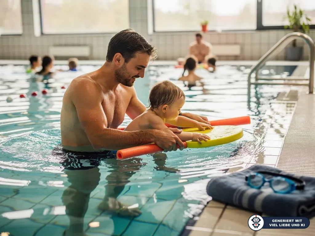 Vater stützt Kleinkind im Hallenbad auf Schwimmbrett und Poolnudel nahe dem Beckenrand. (mit KI erstellt)