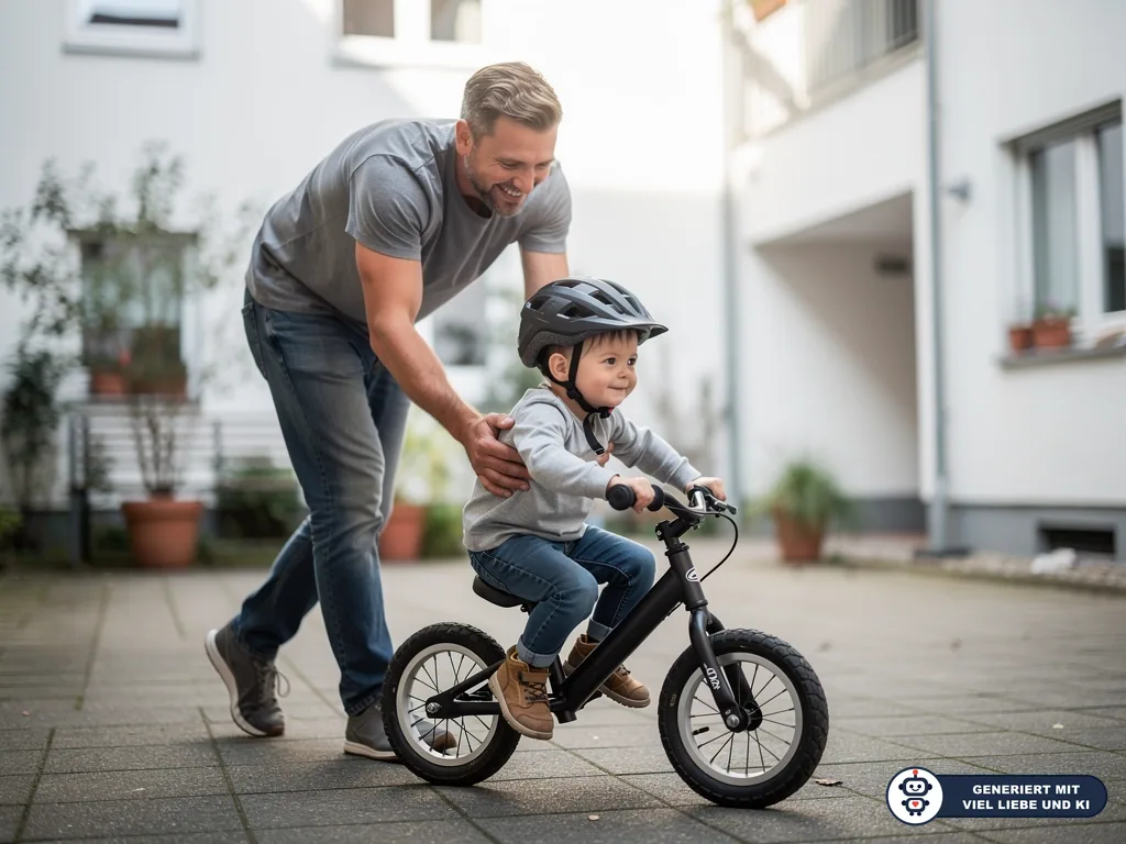 Vater stützt Kleinkind mit Helm bei den ersten Fahrversuchen auf einem schwarzen Laufrad im Hof. (mit KI erstellt)