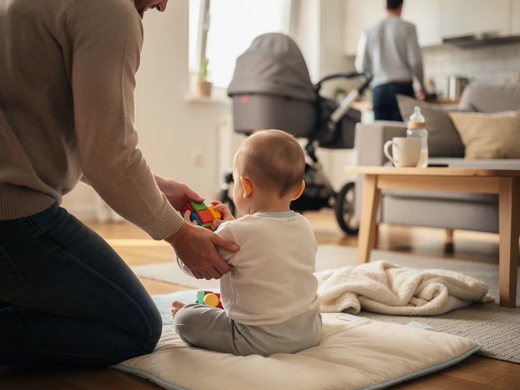 Vater stützt sitzendes Baby beim Spielen mit bunten Würfeln im Wohnzimmer, Kinderwagen und Fläschchen im Hintergrund.