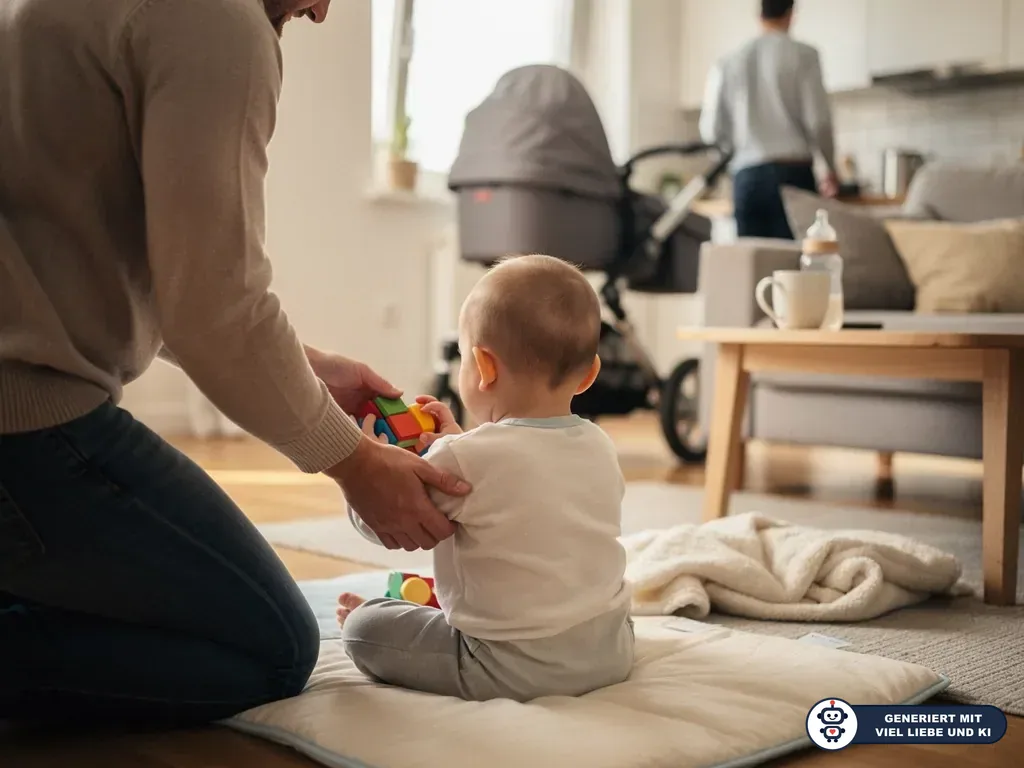 Vater stützt sitzendes Baby beim Spielen mit bunten Würfeln im Wohnzimmer, Kinderwagen und Fläschchen im Hintergrund. (mit KI erstellt)