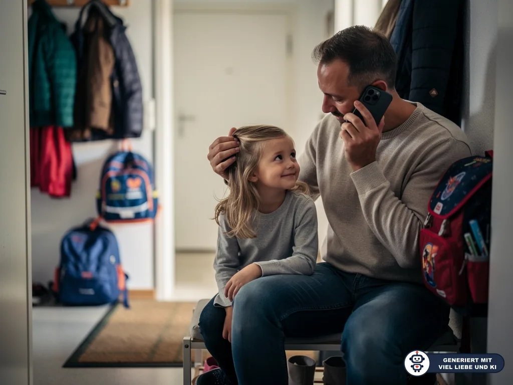Vater telefoniert im Flur und schaut seiner Tochter in die Haare; Schulranzen und Jacken hängen daneben. (mit KI erstellt)