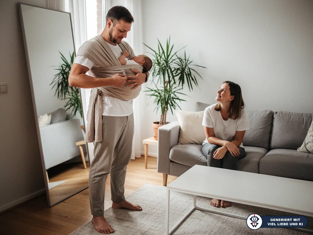 Vater trägt ein Baby im beigen Tragetuch, während die Mutter im Wohnzimmer vom Sofa aus zusieht. (mit KI erstellt)