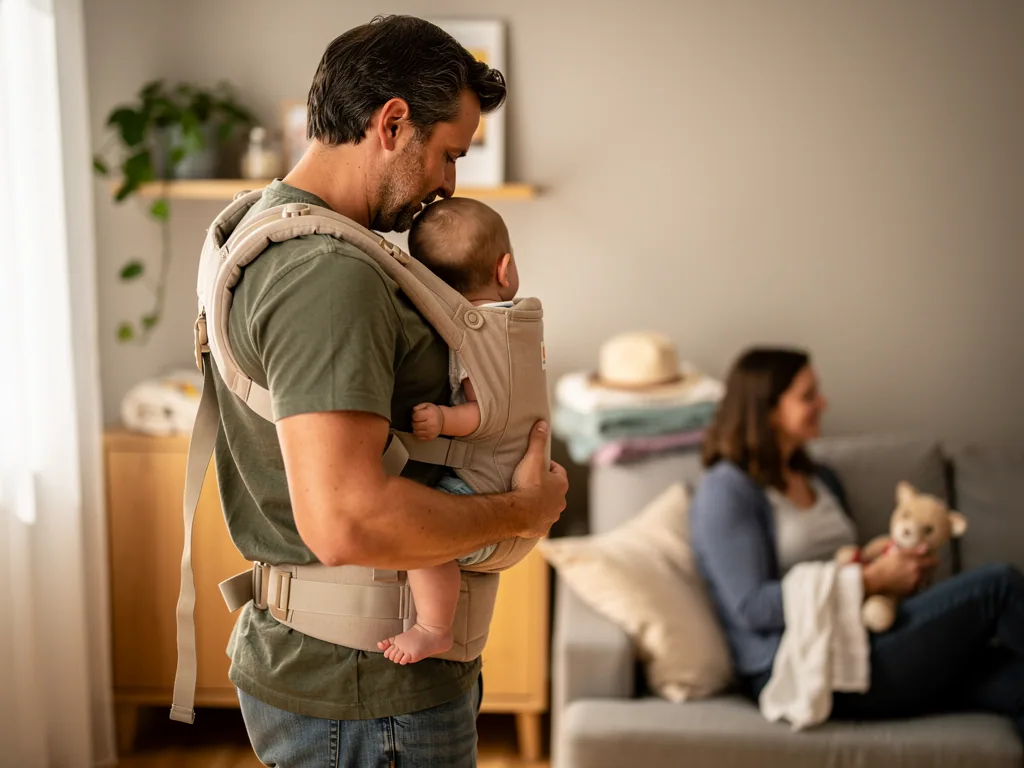 Vater trägt ein Baby in beigefarbener Babytrage vor der Brust, Mutter sitzt im Hintergrund auf dem Sofa.