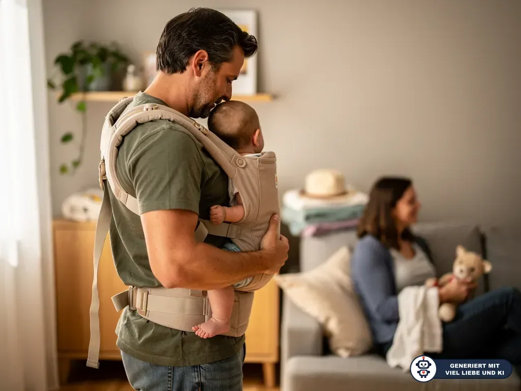 Vater trägt ein Baby in beigefarbener Babytrage vor der Brust, Mutter sitzt im Hintergrund auf dem Sofa. (mit KI erstellt)