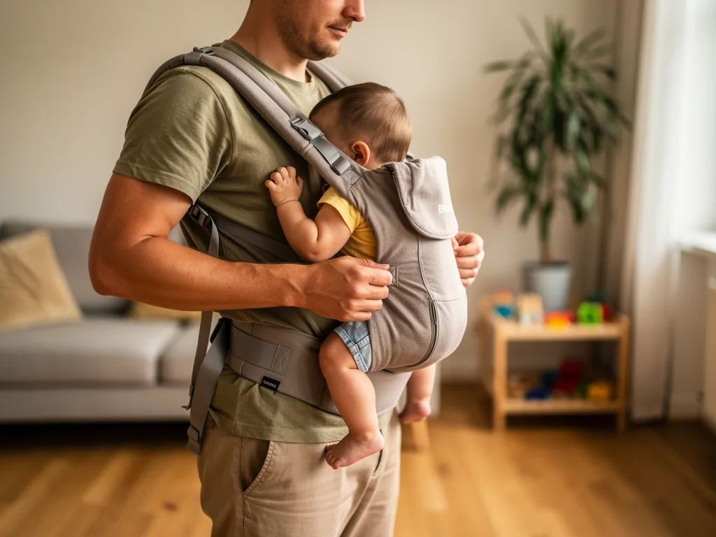 Vater trägt ein Baby in grauer Babytrage vor der Brust im Wohnzimmer mit Sofa, Pflanze und Spielzeugregal.