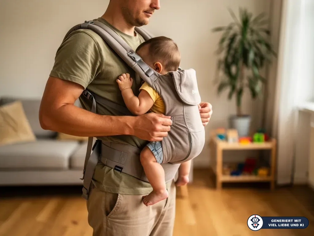 Vater trägt ein Baby in grauer Babytrage vor der Brust im Wohnzimmer mit Sofa, Pflanze und Spielzeugregal. (mit KI erstellt)