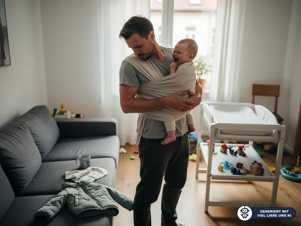 Vater trägt weinendes Baby im grauen Tragetuch im Wohnzimmer, neben Sofa, Wickeltisch und verstreutem Spielzeug. (mit KI erstellt)