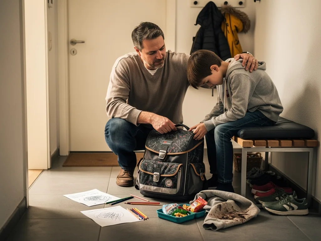 Vater tröstet niedergeschlagenen Jungen im Flur, neben Schulranzen, Heften, Stiften und verstreuter Brotdose.