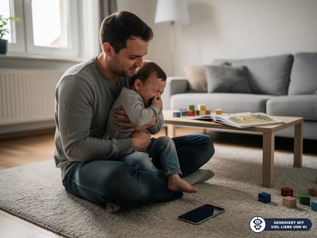 Vater tröstet weinendes Kleinkind im Wohnzimmer, ein Smartphone liegt vor ihnen auf dem Teppich. (mit KI erstellt)