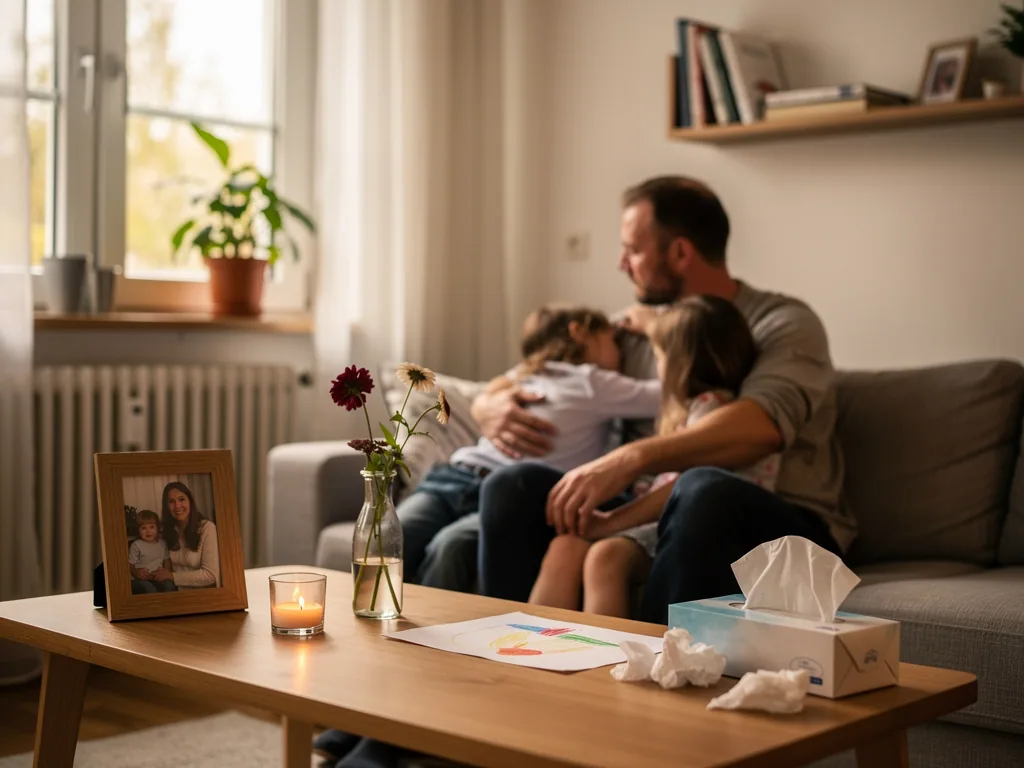 Vater tröstet zwei Kinder auf dem Sofa; auf dem Tisch stehen Foto, Kerze, Blumen, Taschentücher und Kinderzeichnung.