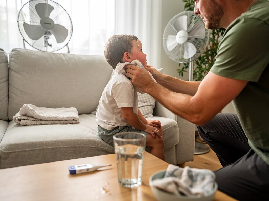 Vater tupft einem verschwitzten Kleinkind im Wohnzimmer den Nacken ab, Ventilatoren, Wasser und Thermometer stehen bereit.