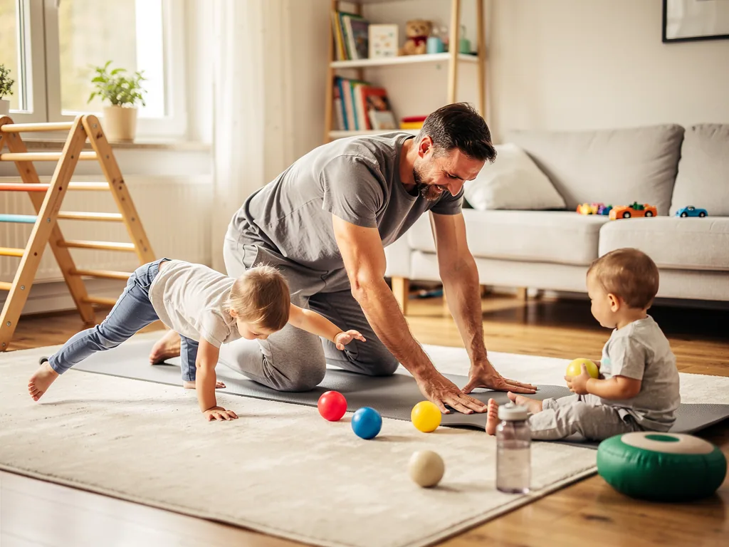Vater turnt mit zwei Kleinkindern auf Matten im Wohnzimmer, bunte Bälle und Kletterdreieck daneben.