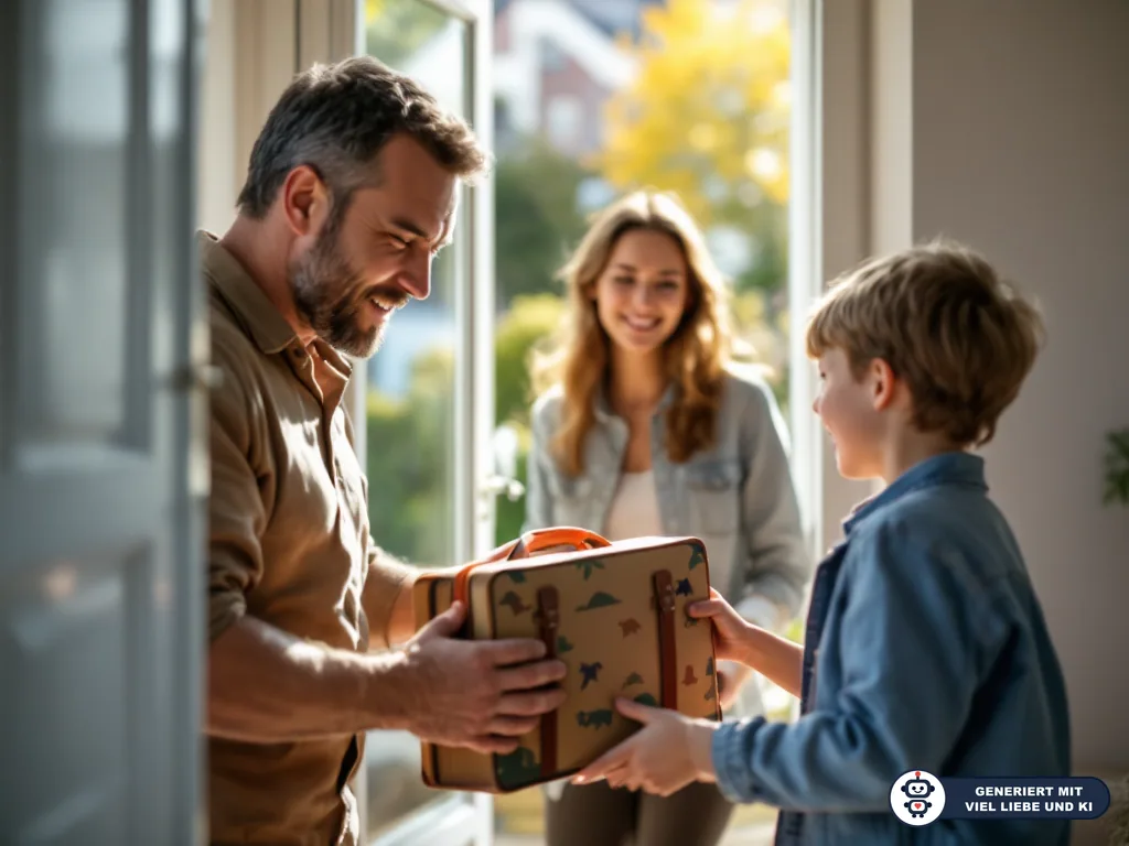 Vater übergibt einem Jungen an der Haustür eine gepackte Tasche, während die Mutter im Hintergrund wartet. (mit KI erstellt)