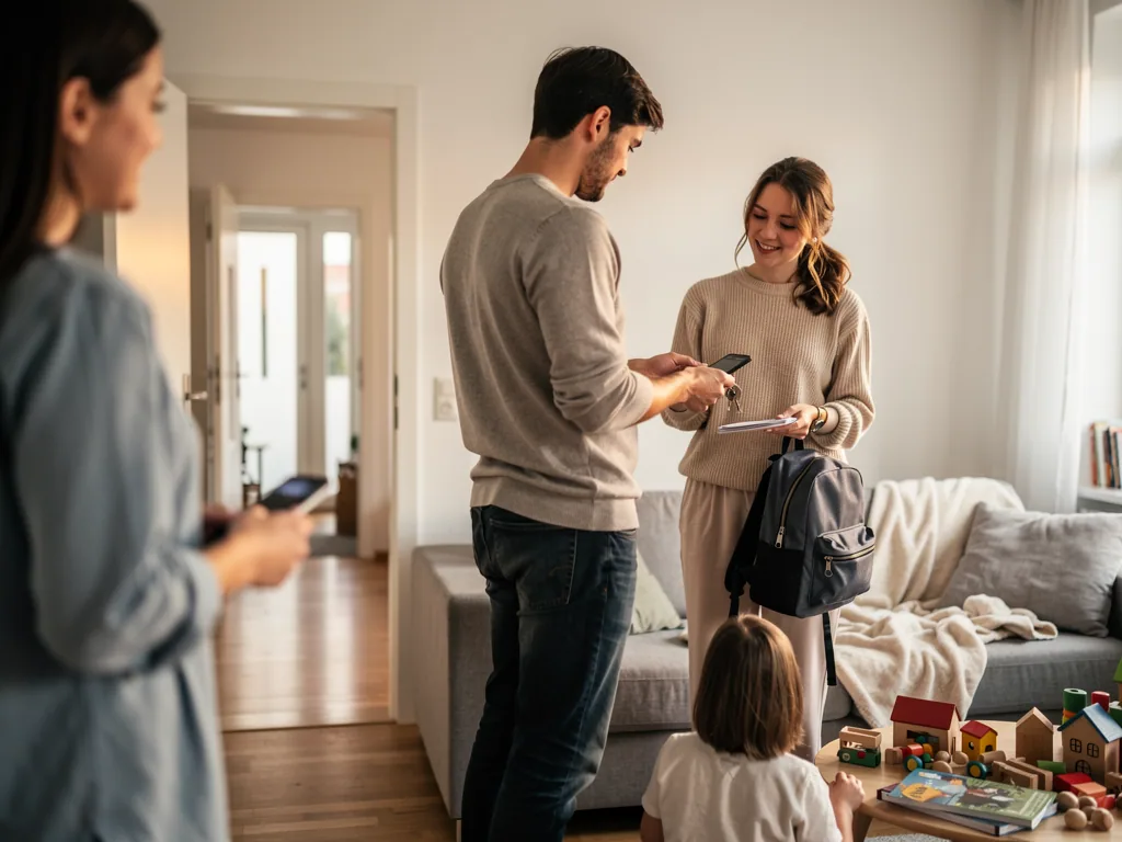 Vater übergibt einer Babysitterin Schlüssel, während Mutter und Kind im Wohnzimmer dabei sind.