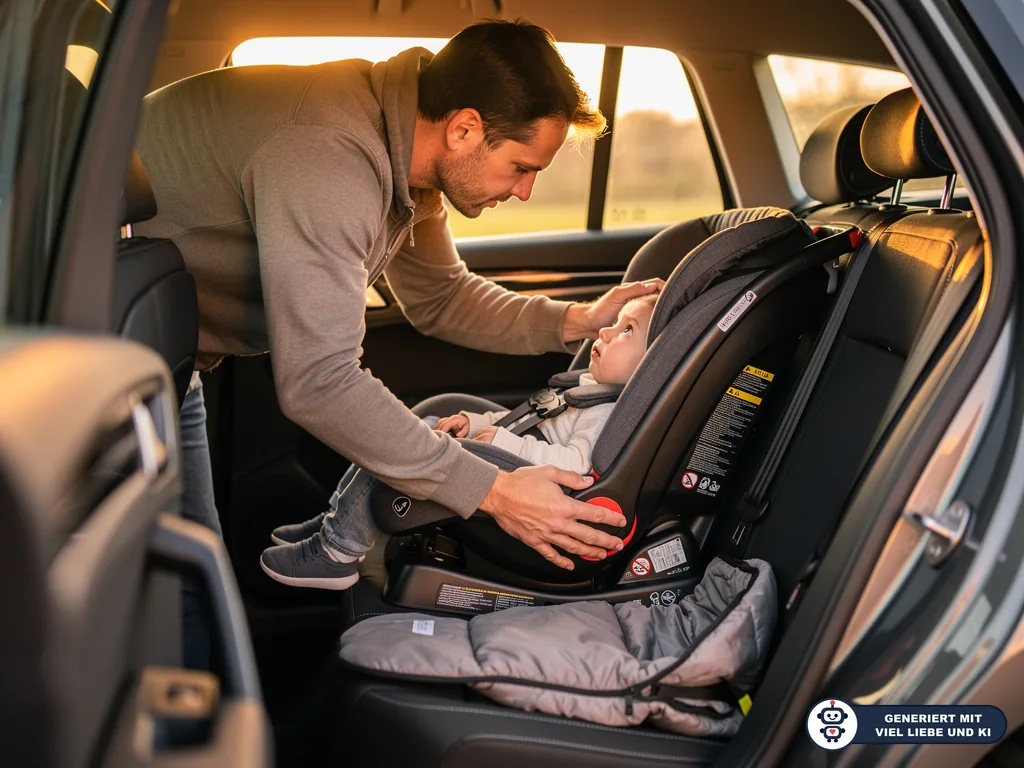 Vater überprüft ein Baby in einer rückwärtsgerichteten Babyschale auf der Rückbank eines Autos. (mit KI erstellt)
