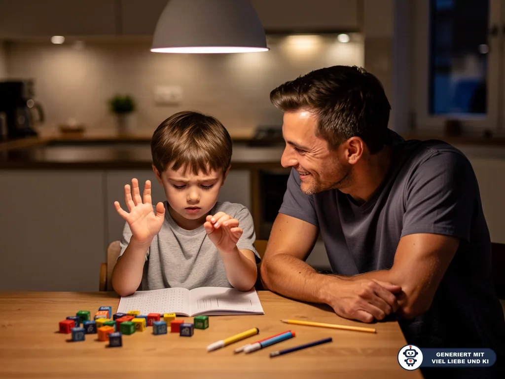 Vater übt mit seinem Sohn am Küchentisch Rechnen mit Würfeln, Heft und Stiften. (mit KI erstellt)
