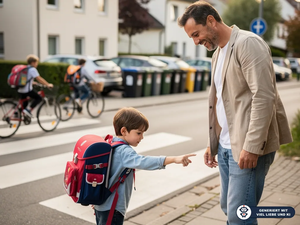 Vater übt mit Sohn und Schulranzen am Zebrastreifen den sicheren Schulweg. (mit KI erstellt)