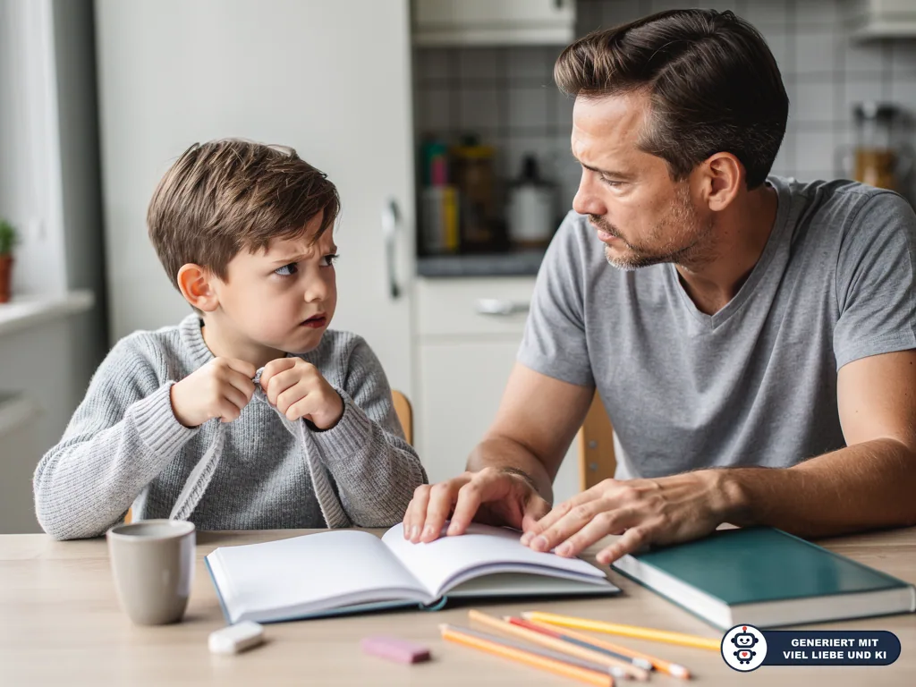 Vater und angespanntes Kind sitzen am Küchentisch vor offenem Heft, Stiften und Buch. (mit KI erstellt)