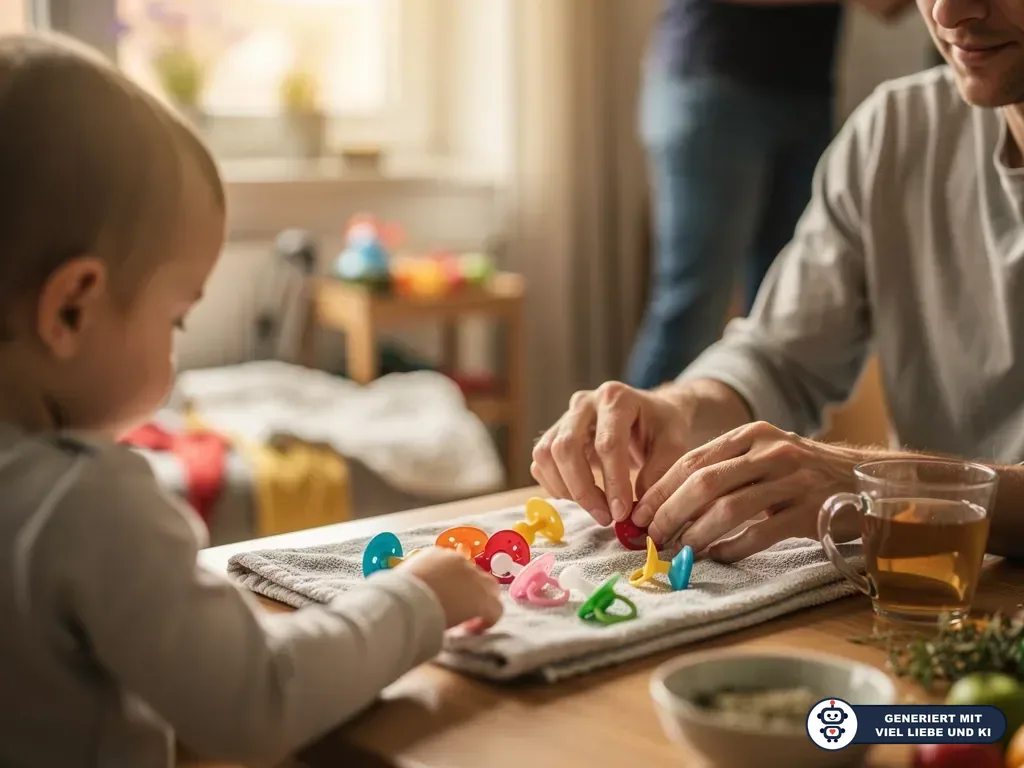 Vater und Baby sortieren bunte Schnuller auf einem Handtuch am Küchentisch, im Hintergrund steht eine Person. (mit KI erstellt)
