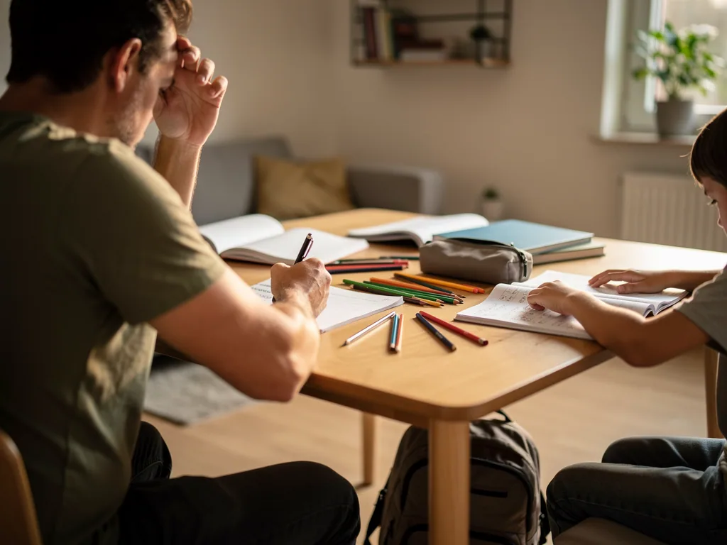 Vater und Grundschulkind sitzen am Tisch und bearbeiten Hefte, zwischen ihnen liegen Buntstifte und Schulmaterial.