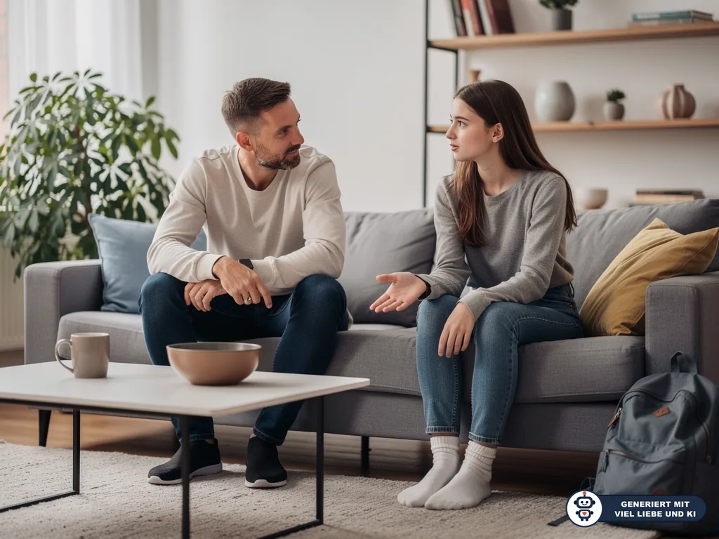 Vater und jugendliche Tochter sprechen auf dem Sofa im Wohnzimmer, beide sitzen einander zugewandt. (mit KI erstellt)