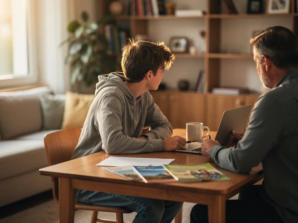 Vater und Jugendlicher besprechen am Tisch mit Laptop und Broschüren mögliche Einsatzorte für ein FSJ.