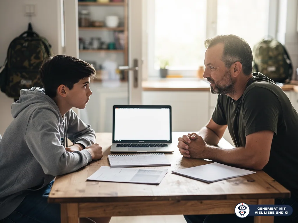 Vater und Jugendlicher sitzen am Küchentisch mit Laptop und Unterlagen, im Hintergrund stehen Tarnrucksäcke. (mit KI erstellt)