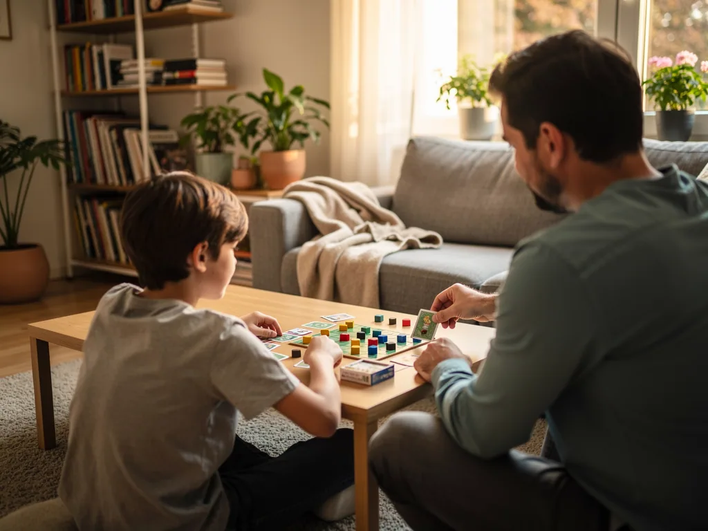 Vater und Jugendlicher spielen ein Brettspiel am Wohnzimmertisch mit Karten und bunten Spielfiguren.