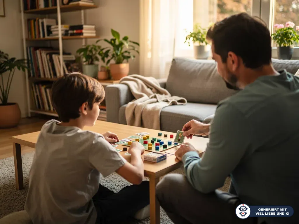 Vater und Jugendlicher spielen ein Brettspiel am Wohnzimmertisch mit Karten und bunten Spielfiguren. (mit KI erstellt)