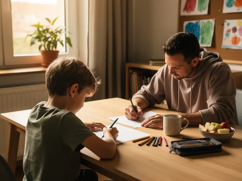 Vater und Junge zeichnen gemeinsam am Tisch in einem warm beleuchteten Familienzimmer.