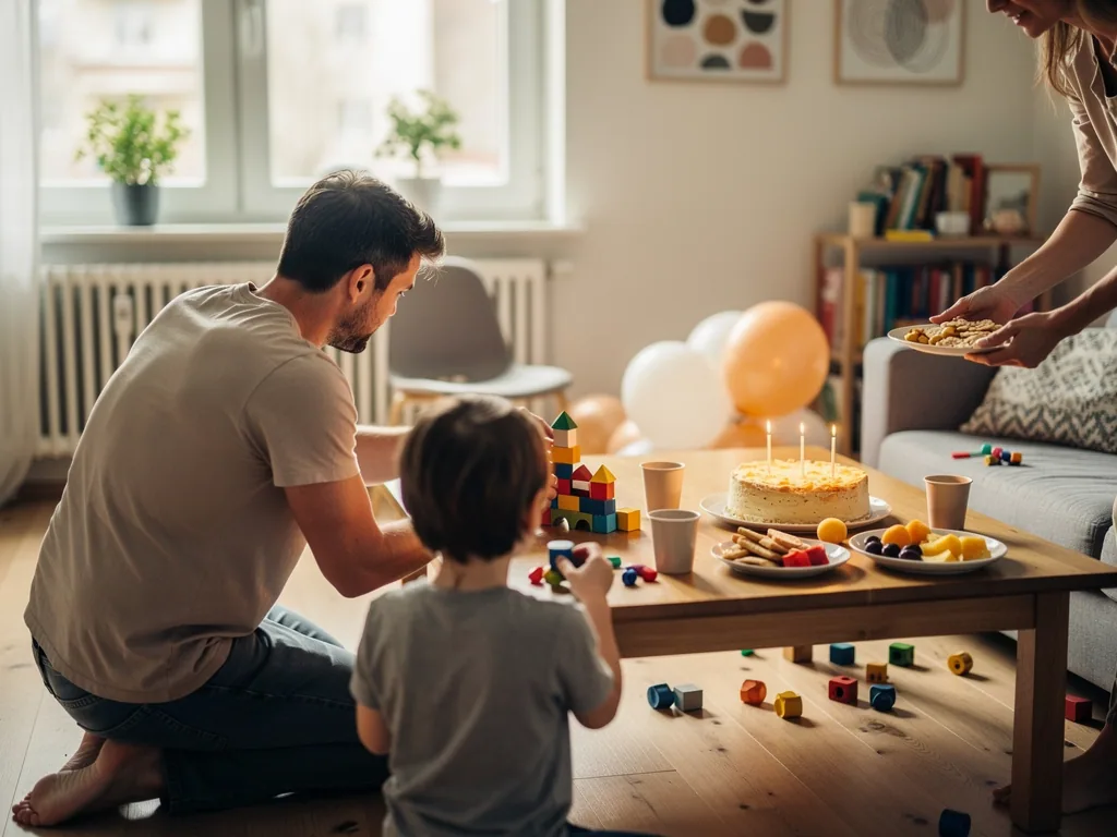 Vater und Kind am Geburtstagstisch mit Kuchen, Kerzen, Snacks und Kleinteilen; Erwachsene beaufsichtigen im Wohnzimmer.