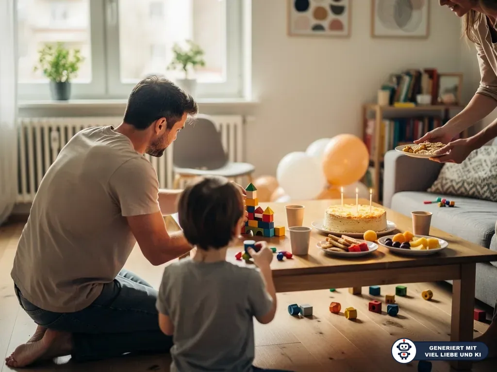 Vater und Kind am Geburtstagstisch mit Kuchen, Kerzen, Snacks und Kleinteilen; Erwachsene beaufsichtigen im Wohnzimmer. (mit KI erstellt)