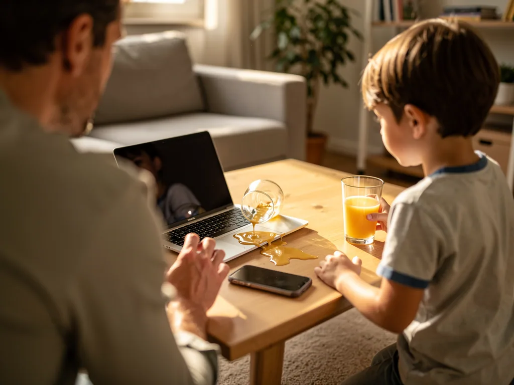 Vater und Kind am Wohnzimmertisch mit umgekipptem Glas, verschüttetem Saft, Laptop und Smartphone.