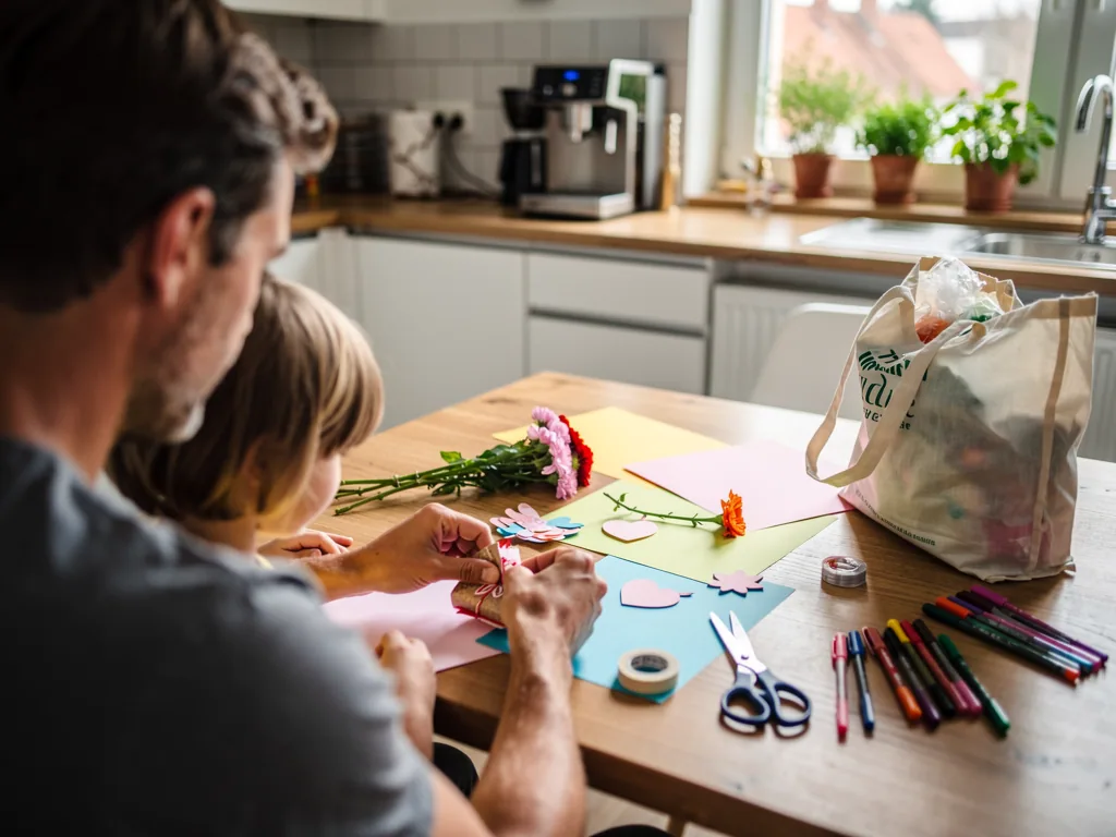 Vater und Kind basteln am Küchentisch mit Papierherzen, Blumen, Stiften und Schere ein Muttertagsgeschenk.