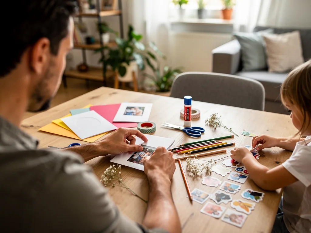 Vater und Kind basteln Einladungskarten mit Fotos, Stickern, Stiften und Kleber an einem Holztisch.